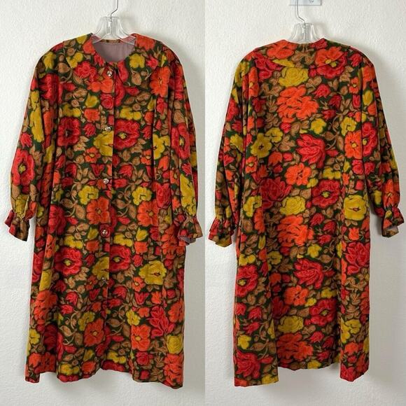 Vintage 50s Stella Fagin Fall Floral Corduroy Swing Coat Peter Pan Collar Medium - Picture 1 of 15